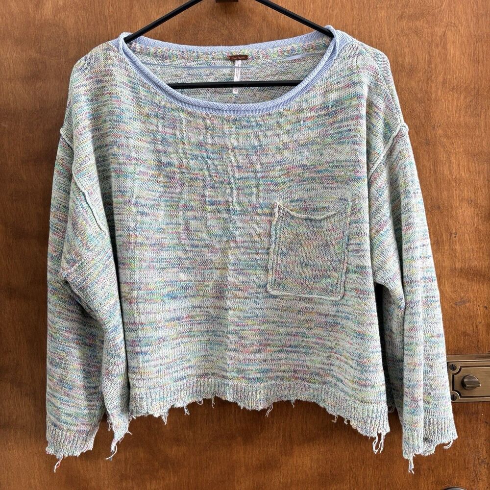 Free People Prism Space Dye Aqua Raw Hem Oversize Sweater Boho Beach Women's XS